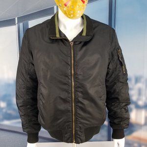 U.S. Bomber Jacket Vintage Army Coat BLACK Nylon Windbreaker Large ZIPPER BROKEN